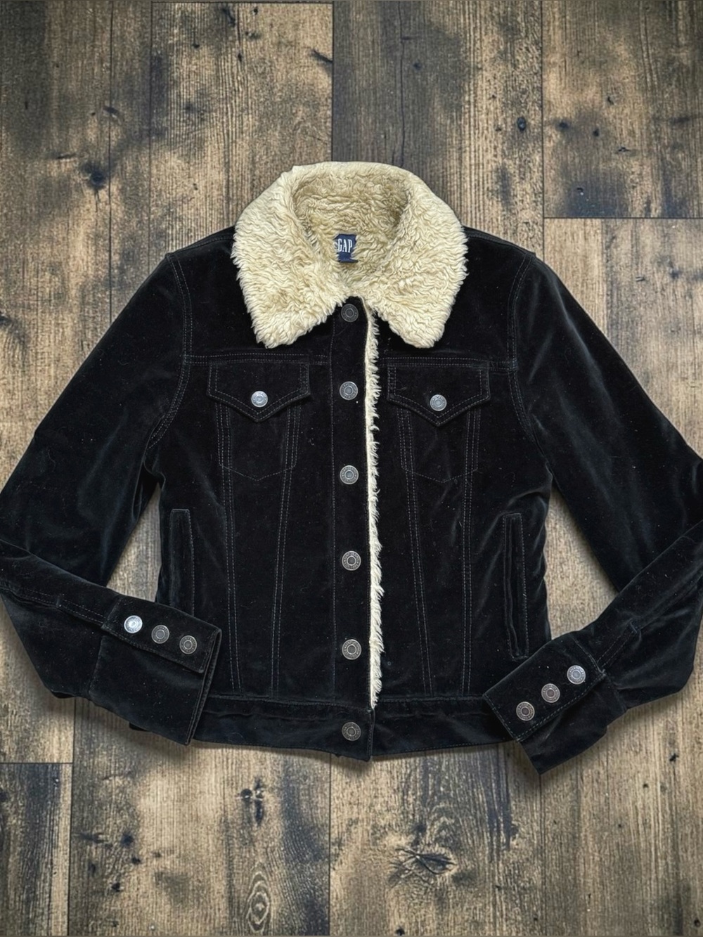 Y2K GAP Black Velvet Coat Jacket w/Shearling Faux Fur Lining Collar M Medium